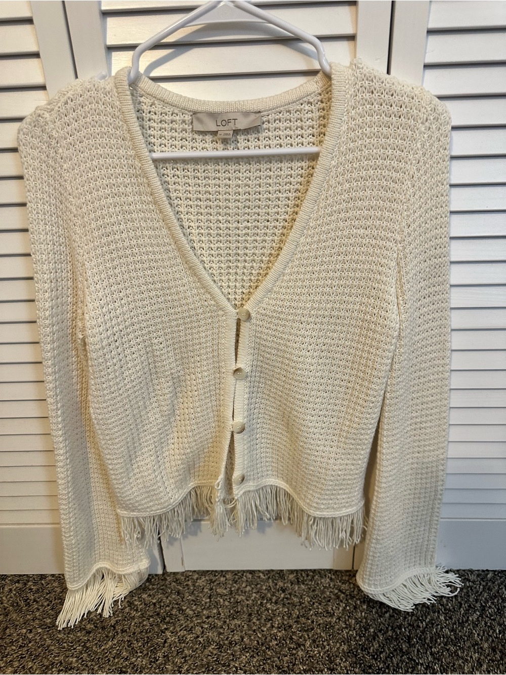LOFT Cream Open-Knit Fringe Button-Front Cardigan